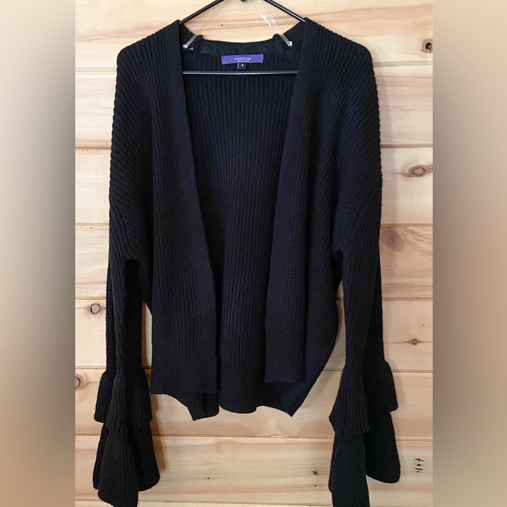 Madeline Black Open-Front Ruffle Sleeve Cardigan